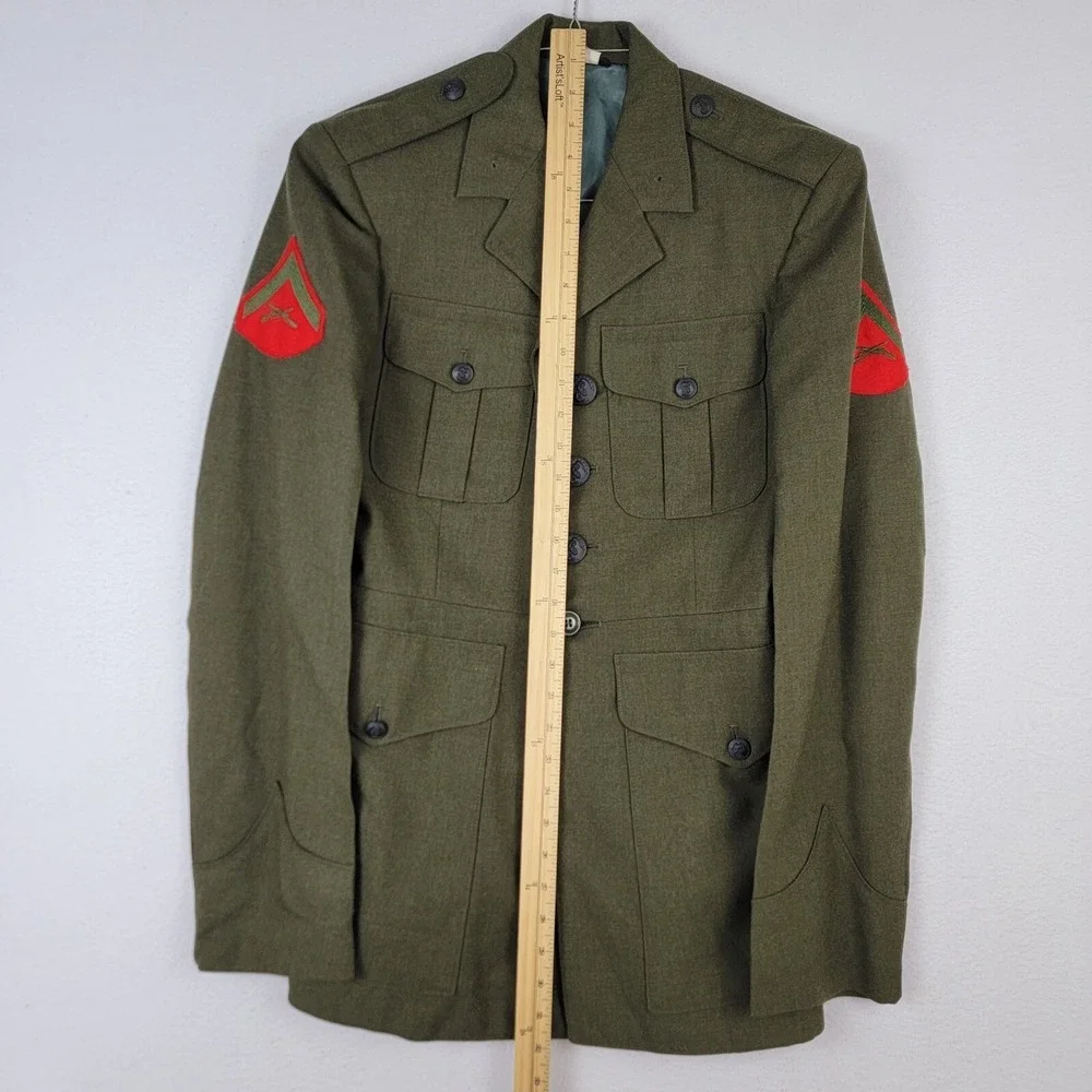 Vtg Marine Corps USMC Military Dress Coat Mens 35R Green Pockets Wool Button